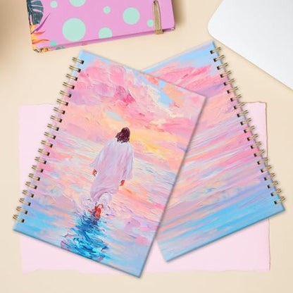 Christian Journal - Spiral Notebook Featuring Jesus Walking on Water, Church Notes Journal, Inspirational Gift for LDS & Church Members, Spiritual Thank You Gifts for Women 5.5x8.2 Inch - color: White Pink, style: Jesus Walking on Water