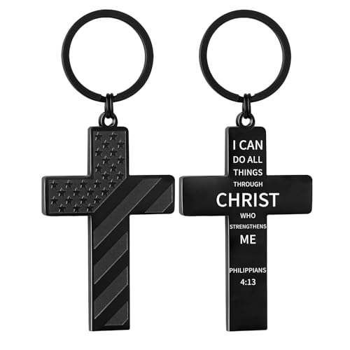 DuoDiner Cross Keychain for Men American Flag Bible Verse Christian Gifts - color: Black, style: Philippians 4:13