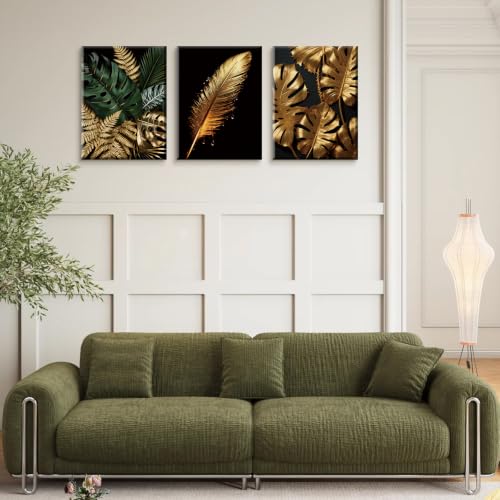 Gold Green Wall Art Canvas Prints Bathroom Wall Decor,Leaf Tropical Botanical Framed Art Posters Modern Home Decoration Set of 3 (12"x16") - color: Gold