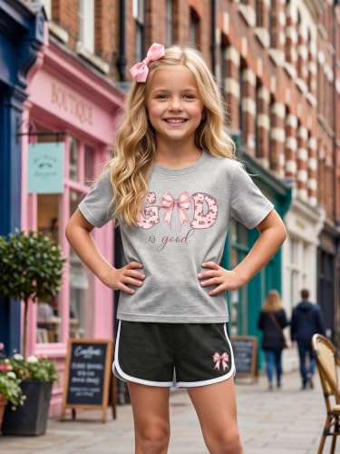 Eatbook Christian Girls Clothes 2 Pcs God is Good T-Shirt Bow Shorts Set - color: Grey, size: 5-6 Years