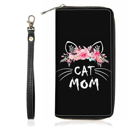 Cat Mom Floral Print Wallet for Women Large Capacity Wallet Credit Card Holder PU Leather Zipper Clutch Purse Phone Wallet - color: Cat Mom Floral