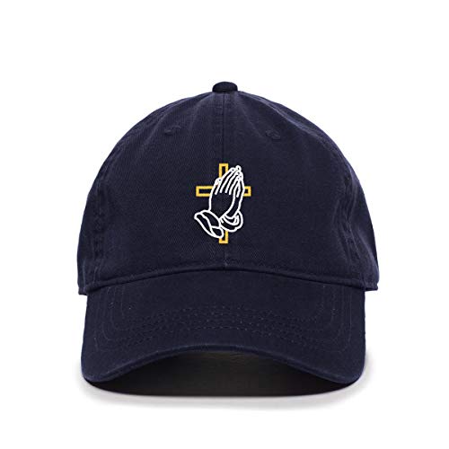 Praying Hands with Cross Baseball Cap Embroidered Cotton Adjustable Dad Hat - color: Navy