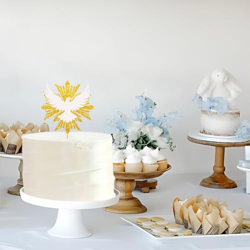 Holy Spirit Cake Topper, White Dove Cake Decor, Gold Glitter Baptism Cake Topper for Religious Baby Shower/Wedding Anniversary Party Decoration - style: Religious Dove