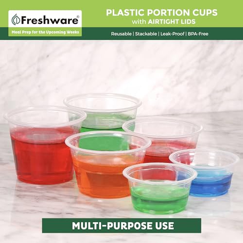 Freshware Plastic Portion Cups with Lids [1 Ounce, 100 Sets] Disposable Plastic Cups for Meal Prep, Salad Dressing, Jellos Shot Cups, Souffle Cups, Condiment and Dipping Sauce Cups - size: 1 oz - 100 sets