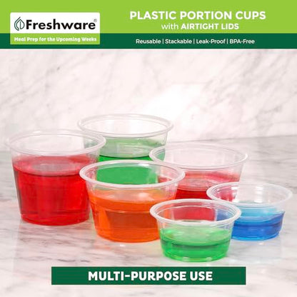 Freshware Plastic Portion Cups with Lids [1 Ounce, 100 Sets] Disposable Plastic Cups for Meal Prep, Salad Dressing, Jellos Shot Cups, Souffle Cups, Condiment and Dipping Sauce Cups - size: 1 oz - 100 sets