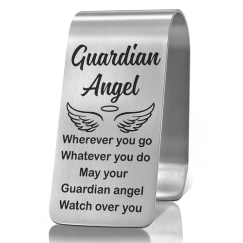 XQLZY May Your Guardian Angel Watch Over You Engraved Stainless Steel Car Visor Clip, Funny Safe Driving Gifts for Women Men Family Friend, New Driver Gifts for Men, Safe Drive Reminder Present - color: Sliver061