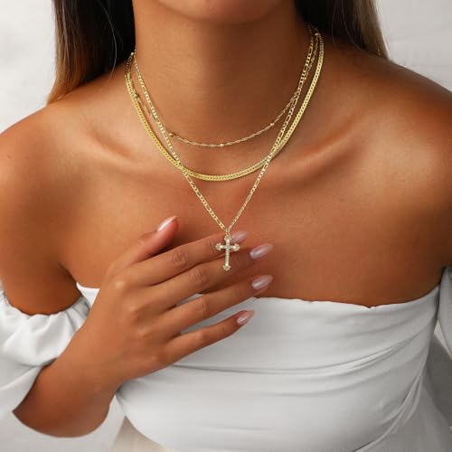 Amicon Cross Necklace for Women 14K Gold Plated Dainty Heart Cross Pendant Choker Simple Trendy Cute Cross Charm Diamond Necklace Faith Jewelry Religious Minimalist Gift - style: Layered Figaro Cross-GD