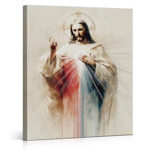 Christian Jesus Sacred Heart Wall Art Print - Divine Mercy of Jesus Canvas Picture Painting Religious Wall Decor for Home Prayer Room 8x10 Framed - color: color-U