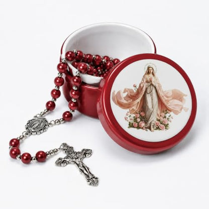 8mm Glass Pearl Rosary - Catholic Necklace for Men and Women Comes in a Metal Gift Box, First Communion Rosary Necklace as Gifts - color: Red