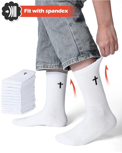 Shihanee 12 Pairs Cross Crew Socks for Men Christian Gifts - color: White