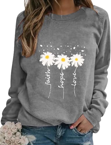 EADINVE Women Daisy Print Sweatshirts Crewneck Long Sleeve Pullover Tops - color: Grey, size: Small