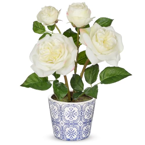 Hollyone White Real Touch Roses Artificial Flowers in Vase Blue and White Porcelain Ceramic Pot 13.4" Fake Roses Flower Arrangement Artificial Plants & Flowers Potted Plant Faux Silk Rose Flower - color: Rose 3 - White (13.4inch)