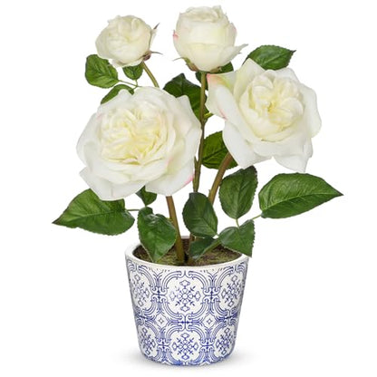 Hollyone White Real Touch Roses Artificial Flowers in Vase Blue and White Porcelain Ceramic Pot 13.4" Fake Roses Flower Arrangement Artificial Plants & Flowers Potted Plant Faux Silk Rose Flower - color: Rose 3 - White (13.4inch)