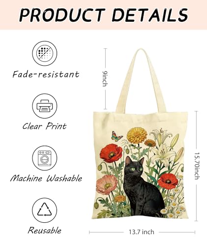 Women's Canvas Tote Bags with Inner Pockets & Metal Snap, Reusable Tote Bag for Girl's Vacation Travel Gym Shopping - color: Black Cat 2