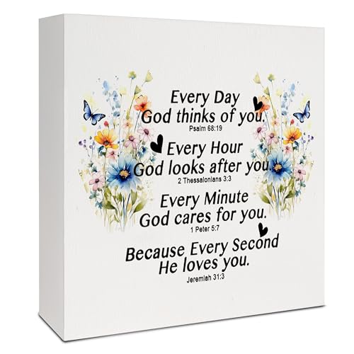 Christian Desk Home Decor, Floral Butterfly Christian Wooden Box Sign, Inspirational Bible Verses Wood Signs for Home Office Desk Shelf Table Decor, 5x5 Inch - color: Floral Butterfly
