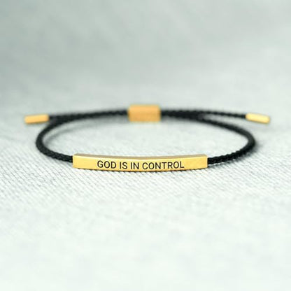 God is in Control Leather Bracelet, Stainless Steel Christian Faith Braided Engraved Bar Bracelets Self Worth Motivation Bracelet Inspirational Friendship Jewelry for Men Women - color: Black&Gold