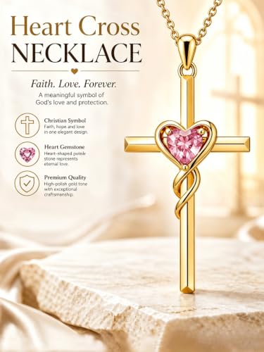 Birthstone Cross Necklace for Women 14K Gold Plated Heart Infinity Cross Pendant Necklace Christian Religious Jewelry Anniversary Birthday Gifts for Wife Mom Her - color: Oct/Tourmaline
