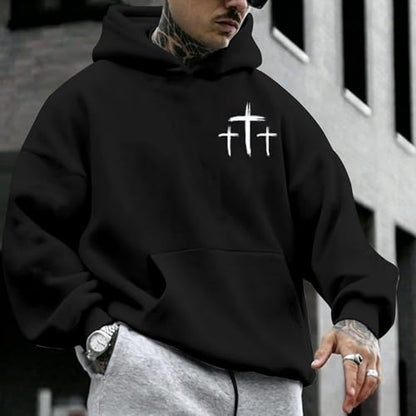 Men Faith Over Fear Christian Cross Graphic Pullover Hoodie - color: Black, size: X-Large