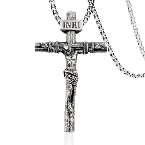 Crucifix Cross Necklace for Men and Women with Exquisite Jesus Pendant and Stainless Steel Chain 16-30 Inch - color: Antique White Gold, size: 18 Inch=46CM, style: Medium Pendant-1.8"x1.1"