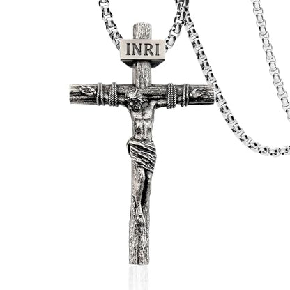 Crucifix Cross Necklace for Men and Women with Exquisite Jesus Pendant and Stainless Steel Chain 16-30 Inch - color: Antique White Gold, size: 18 Inch=46CM, style: Medium Pendant-1.8"x1.1"
