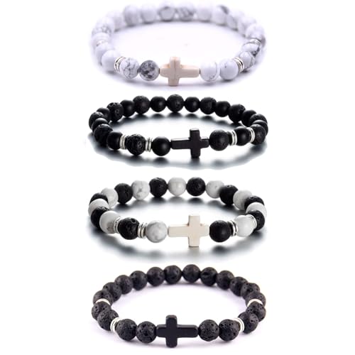 Softones 4PCS Cross Beads Bracelet for Men Women 8mm Healing Lava Stone Stretch Bracelets,7.5" - color: E:4Pcs a set