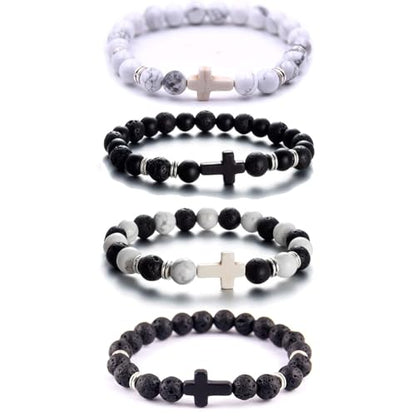 Softones 4PCS Cross Beads Bracelet for Men Women 8mm Healing Lava Stone Stretch Bracelets,7.5" - color: E:4Pcs a set