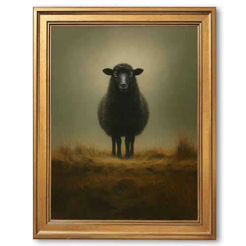 Gold Framed Black Sheep Wall Art Poster Vintage Moody Farm Animal Canvas Painting Print Minimalist Dark Sheep Portrait French Country Artwork for Modern Rustic Home Bedroom Decor 12x16inch - color: Sheep - Gold Framed, size: 12"L x 16"W