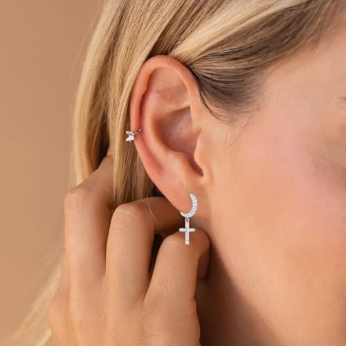 Dainty Huggie Hoop Dangle Earrings for Women, Small Hypoallergenic Hoop Earring with Charm Cross Star Moon Earrings, Sterling Silver CZ Huggie Drop Earrings for Teen Girls - style: Cross-Silver