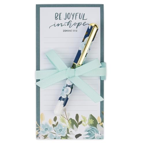 Christian Art Gifts Magnetic Notepad & Pen Set for Women, Be Joyful in Hope - color: Blue & White Floral/Be Joyful
