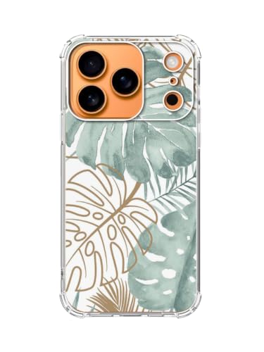Tropical Monstera Leaves Phone Case Compatible with iPhone 17 Pro, Green Gold Leaves Plants Phone Cover, Soft Trendy Design TPU Bumper Cover Case - color: Tropical Monstera Leaves