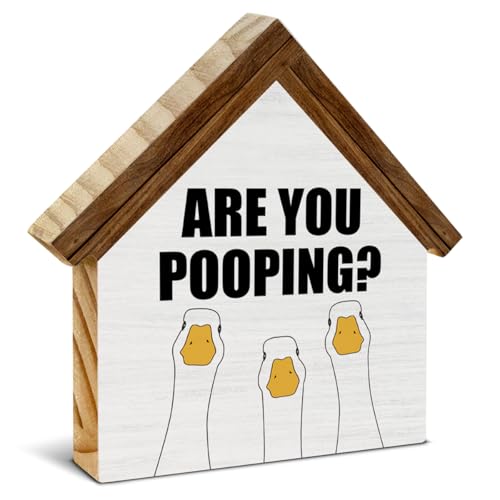 Funny Goose Bathroom Decor, Are You Pooping House Shaped Wooden Sign - color: duck