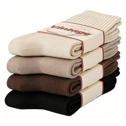 DAUCO 4 Pairs 98% Cotton Socks for Men Women Crew Seamless Fall Slouchy Socks - color: 4 Pairs - Black+light Khaki+khaki+brown, size: 5-10