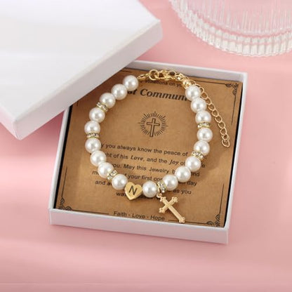 enasal First Communion Gifts for Girls Teens, Initial A-Z Cross Pearl Bracelet for Christian Catholic Daughter Goddaughter - color: Initial-P