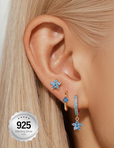 Angelady Gold Hoop Earrings Set for Women, Dainty 14K Gold Plated Flower Moon Cross Dangle Earrings, Hypoallergenic Huggie Hoop Earring Stacks, Stud Earrings for Women Trendy Jewelry Gift - color: Gold Blue CZ