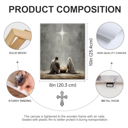 Christian Nativity Wall Art Decor - Jesus Birth in Manger Canvas Print Picture Religious Wall Decor for Home Farmhouse Prayer Room 8x10 Inch Framed - color: color-O