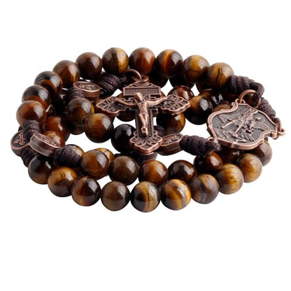 HanlinCC Stone Beads St.Michael Paracord Catholic Rosary with Bag for Men - style: Tiger Eyes