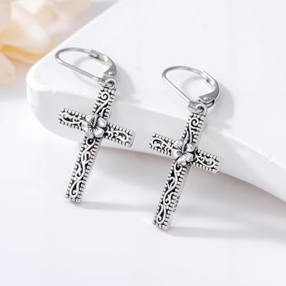 925 Sterling Silver Sunflower/Rose/Plumeria/Hibiscus/Mushroom Cross Earrings for Women Hawaiian Flower/Butterfly Cross Dangle Drop Earrings Jewelry Faith Christian Gift for Her Daughter Wife Girlfriend - style: Hibiscus