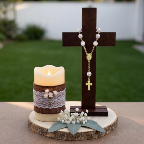 Novabright 6 Sets Baptism Centerpieces Table Decorations First Communion Wooden Cross Ornament Set with Mini Rosary Beaded Wood Slices for Baptism Celebration Church Ceremony Party Decor Gift