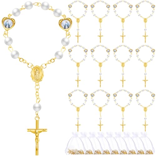 Misdary 30 Sets Baptism Mini Rosary with Organza Bags Faux Pearls Baptism Rosary Favors for Guests Catholic Finger for Christening Weddings Party Favors First Communion Gift(Gold) - color: Gold