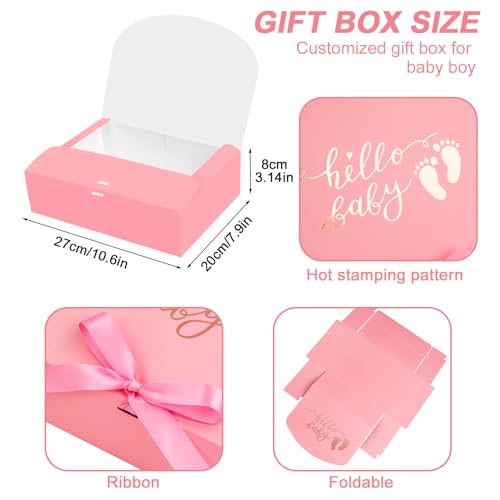 6PCS Baby Girl Gift Box with Ribbon Pink Keepsake Box with Gold Foil Hello Baby Footprints Favor Packaging Large Cardboard Gift Box for Baby Girl Shower Newborn Party First Birthday Welcome Christening Gifts