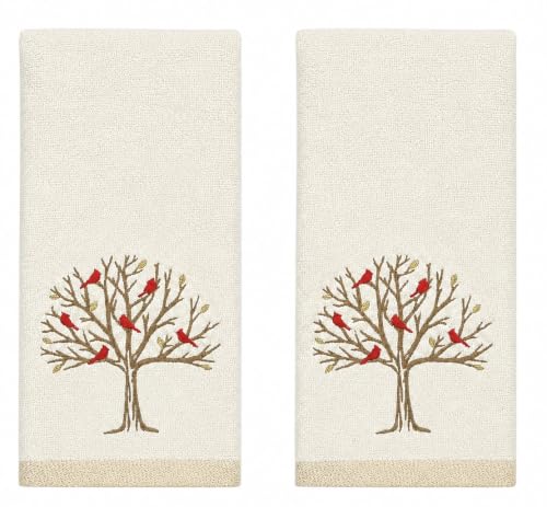 Christmas White Guest Hand Bathroom Towels, Winter Cardinal Tree, 16x26" - color: Cardinal Tree