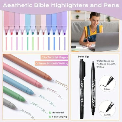Bible Cover Set with Handle, Large Quilted Bible Bag for Women Girls, Bible Study Supplies Kit with Tabs, Pens, Sticky Notes, Study Planner & Scripture Cards, Christian Gifts for Devotional Journaling