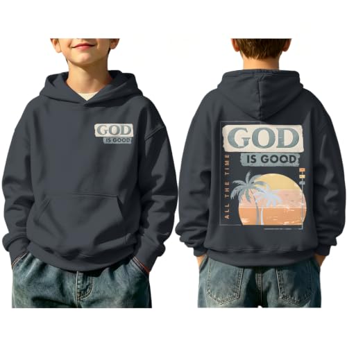 Fkatuzi Christian Graphic Hoodies For Boys Jesus God Is Good Hoodie Kids Faith Verse Bible God Religious Beach Pullover Tops - color: Deep Gray, size: 9-10 Years