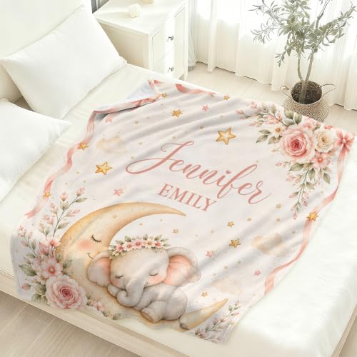 Personalized Baby Elephant Blanket with Name, Floral Moon and Stars - color: Baby Blanket #1