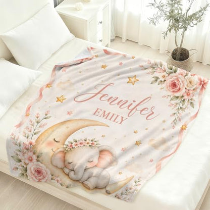 Personalized Baby Elephant Blanket with Name, Floral Moon and Stars - color: Baby Blanket #1