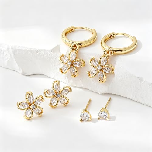 SHERLOVE Gold Earring Stacks Women 3Pairs Dangle Stud Huggie Hoop Set - color: 3 Pairs-Flower 01 Stud Gold