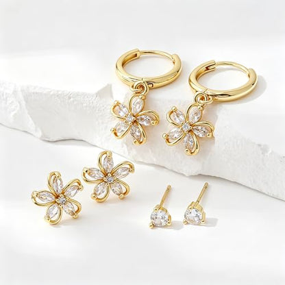 SHERLOVE Gold Earring Stacks Women 3Pairs Dangle Stud Huggie Hoop Set - color: 3 Pairs-Flower 01 Stud Gold