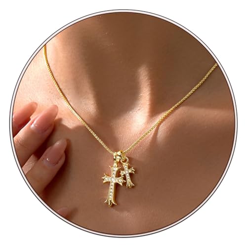Partm Gold Cross Necklace for Women 14K Plated Dainty Pendant Cross Chain Faith Crucifix Choker Baptism Necklace for Women Trendy Religious Jewelry Hypoallergenic - color: Double Cross - 14K Gold Plated