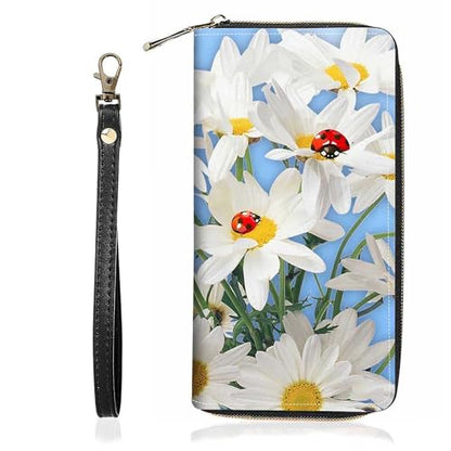 Daisy Flowers and Ladybug Print Wallet for Women Large Capacity Wallet Credit Card Holder PU Leather Zipper Clutch Purse Phone Wallet - color: Daisy Flowers and Ladybug