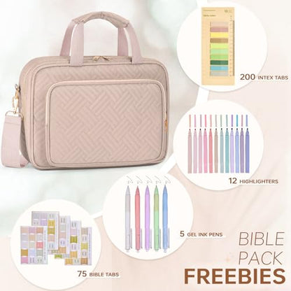 Bible Cover Case for Women Bible Study Supplies Christian Gifts for Women Church Camp Essentials Christian Bible Journaling Kit Quilted Large Bible Cover with Durable Handle (Pink, Large) - color: Pink